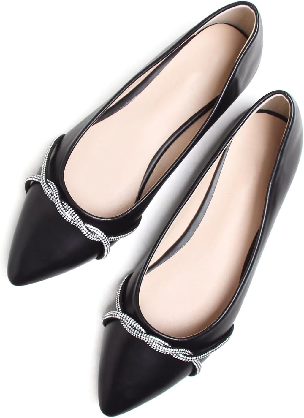 Women's Pointed Toe Ballet Flats with Chain and Rhinestone Trim - Slip On Dress Shoes for Office and Parties - 8 (19)