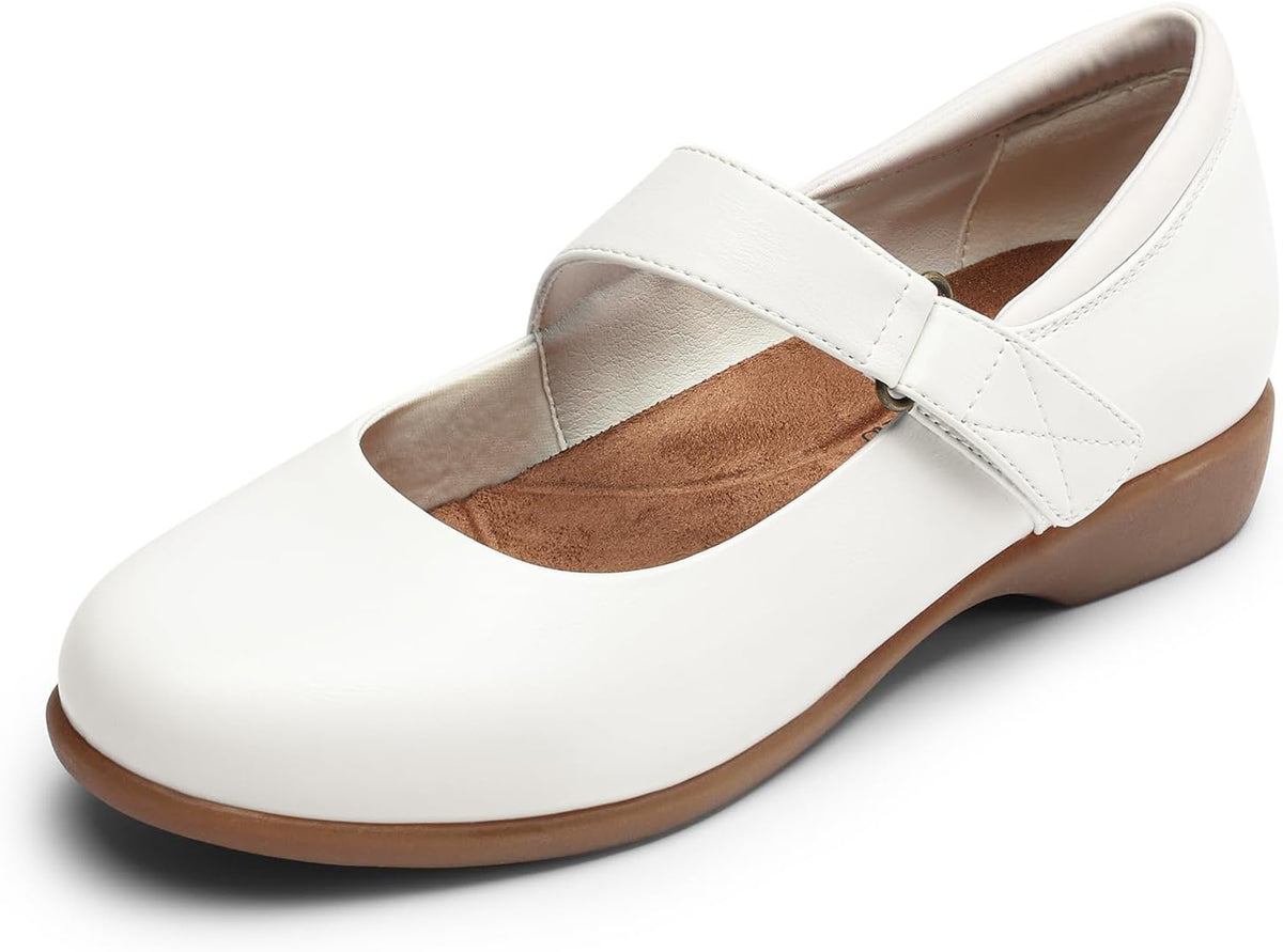 Women's Mary Jane Flats with Adjustable Ankle Strap - Memory Foam Insole Slip On Shoes for Work and School Runs - 6