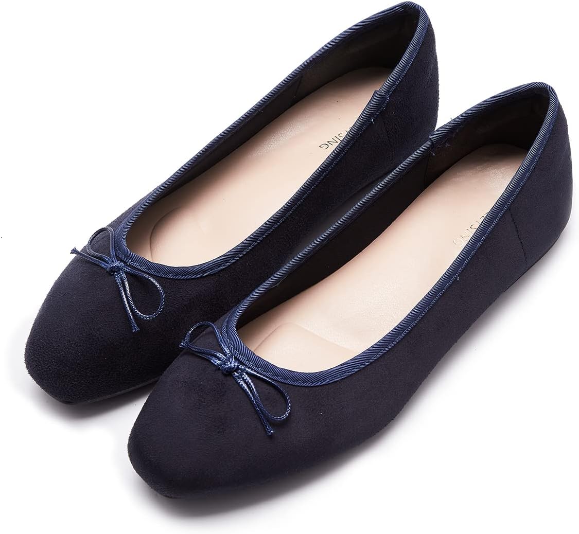 Women's Round Toe Ballet Flats with Bow - Dressy Slip On Shoes for Office, Weddings and Everyday Wear - 7