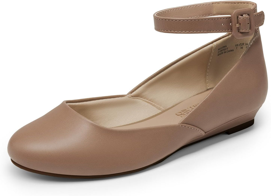 Women's Round Toe Ballet Flats with Low Wedge - Ankle Strap Dress Shoes for Office Days and Evenings - 10