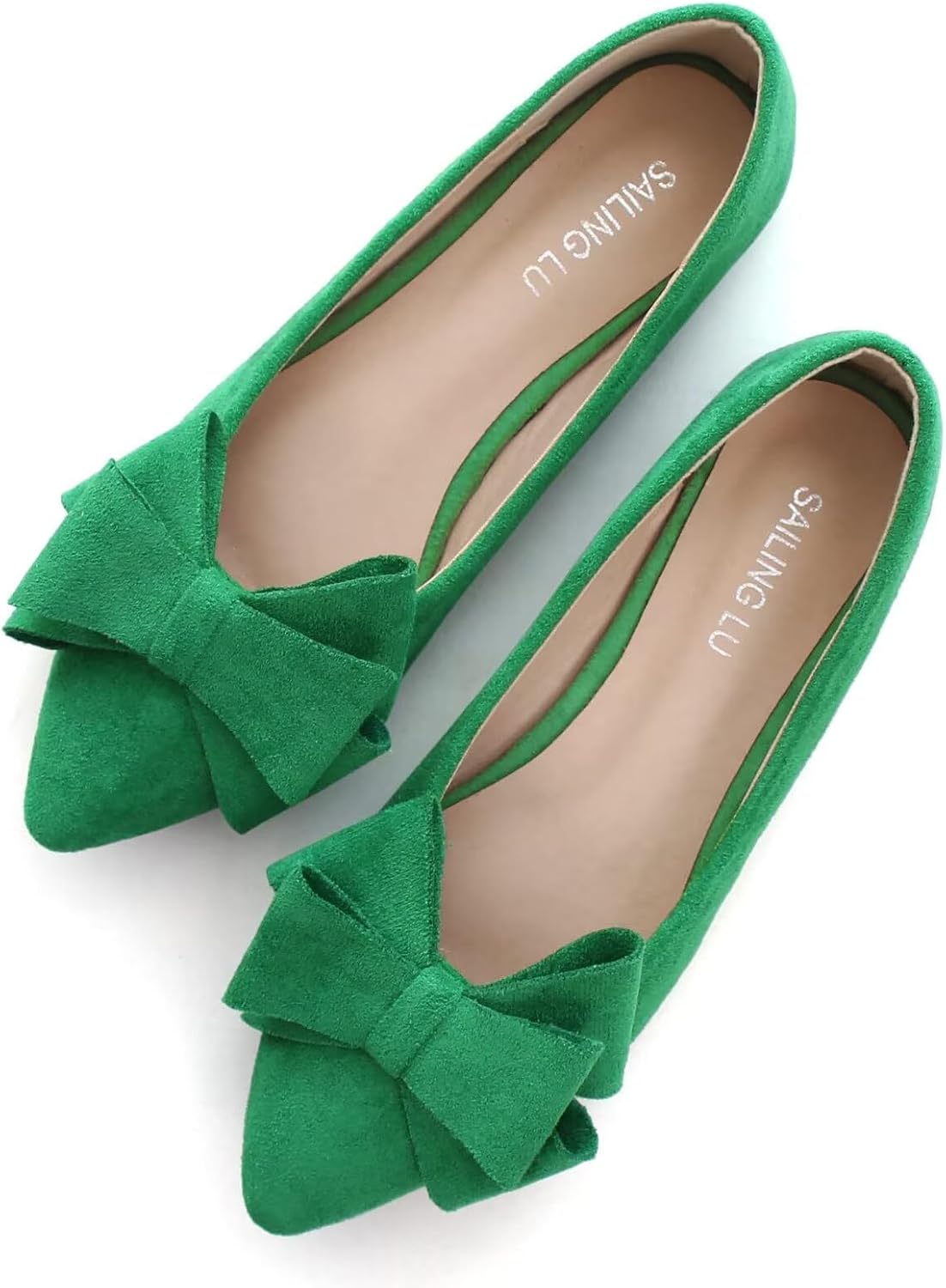 Women's Suede Bow Ballet Flats - Pointed Toe Slip On Moccasin Style Shoes for Work and Casual Wear - 6
