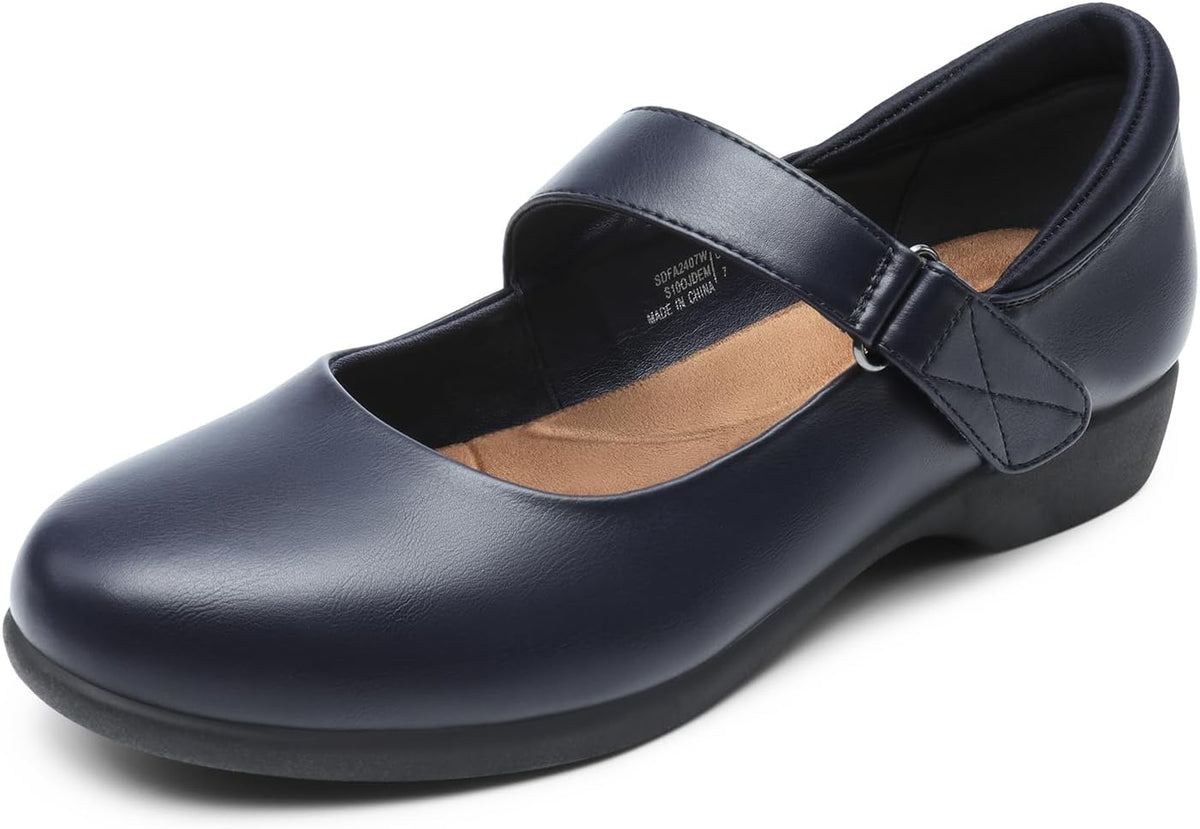Women's Mary Jane Flats with Adjustable Ankle Strap - Memory Foam Insole Slip On Shoes for Work and School Runs - 6
