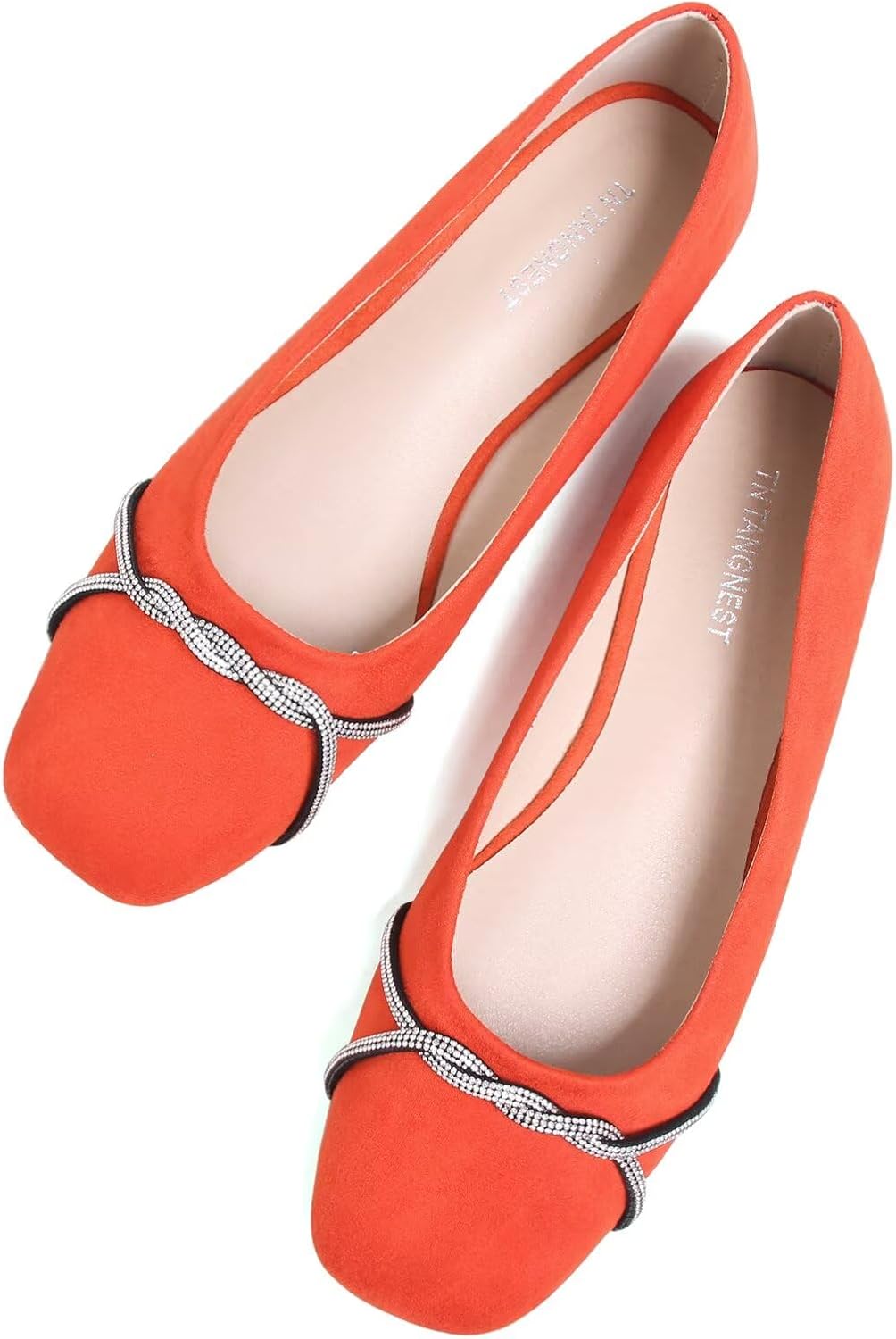 Women's Pointed Toe Ballet Flats with Chain and Rhinestone Trim - Slip On Dress Shoes for Office and Parties - 6