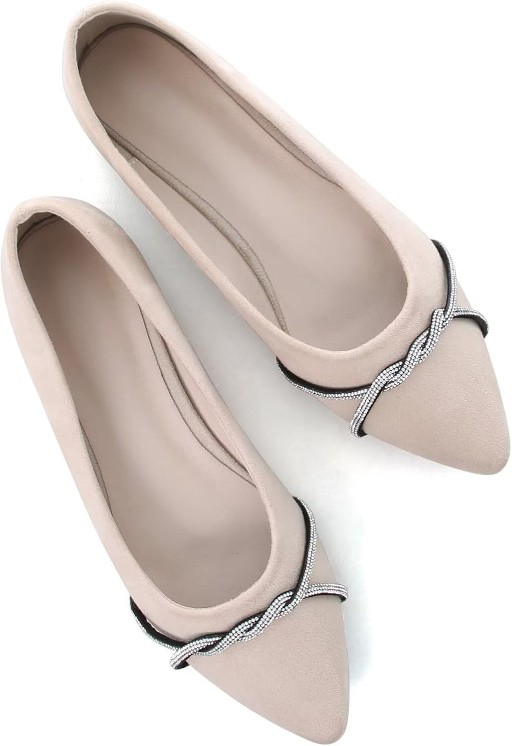 Women's Pointed Toe Ballet Flats with Chain and Rhinestone Trim - Slip On Dress Shoes for Office and Parties - 6