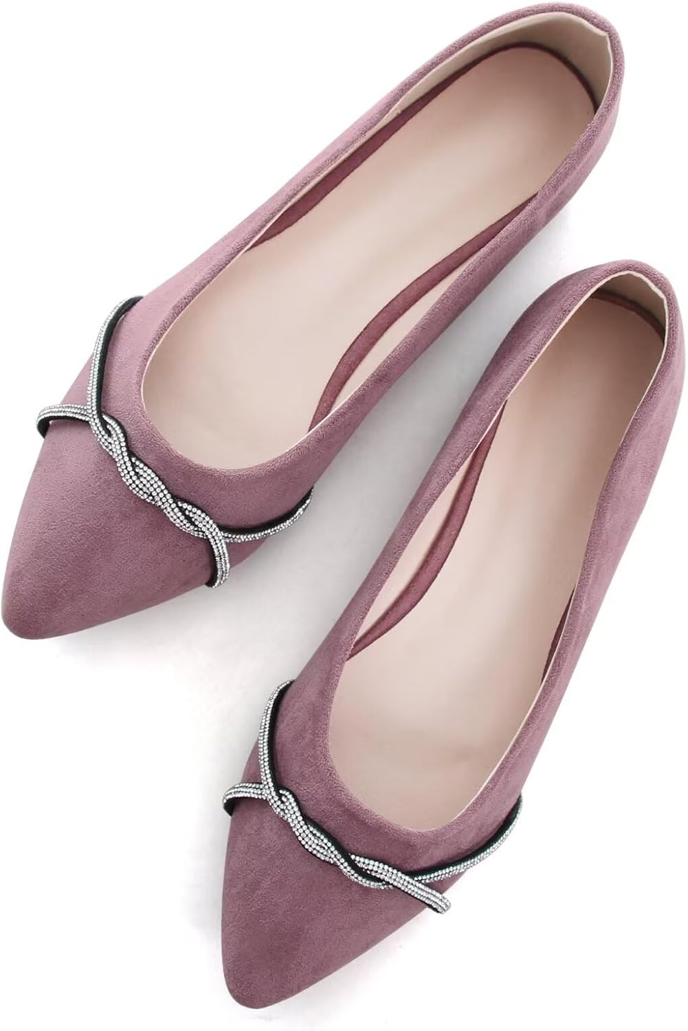 Women's Pointed Toe Ballet Flats with Chain and Rhinestone Trim - Slip On Dress Shoes for Office and Parties - 6