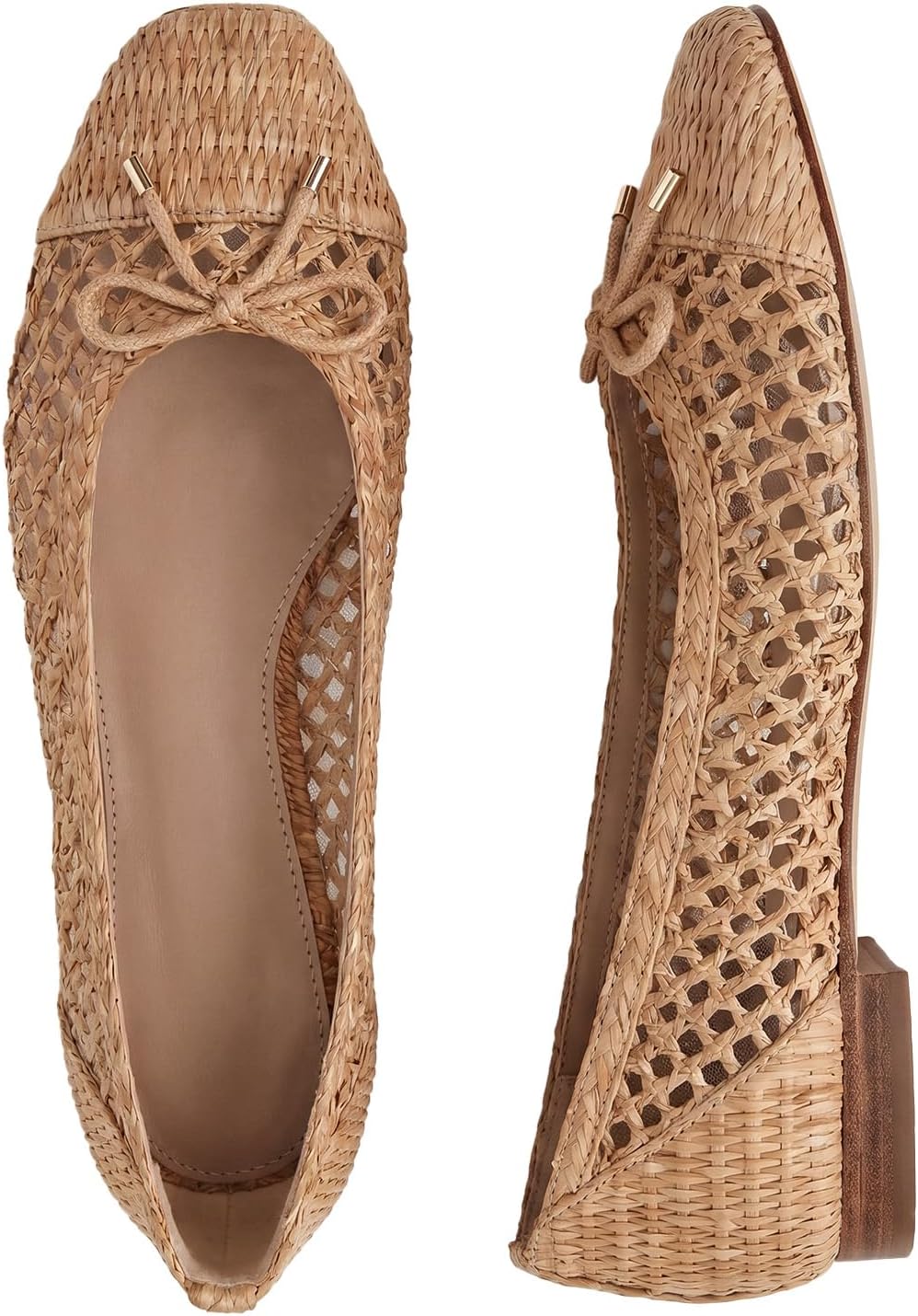 Women's Woven Raffia Ballet Flats - Square Toe Slip On Dress Shoes with Bow for Summer and Holiday Wear - 6