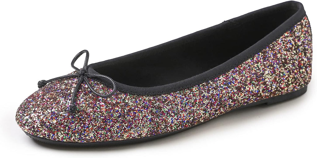 Women's Patent Ballet Flats - Memory Foam Cushioned Slip On Dress Shoes in Glitter and Solid Finishes - Glitter Rose Gol