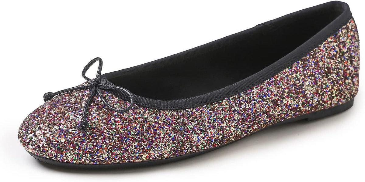 Women's Patent Ballet Flats - Memory Foam Cushioned Slip On Dress Shoes in Glitter and Solid Finishes - Glitter Rose Gol
