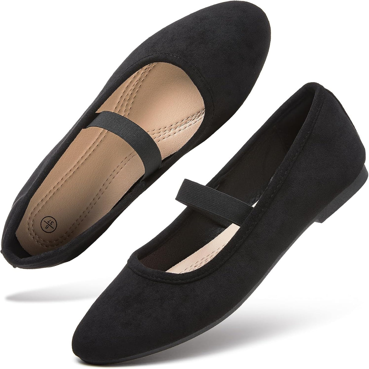 Women's Suede Mary Jane Flats - Memory Foam Dress Shoes with Elastic Straps for Work and Casual Wear - 6