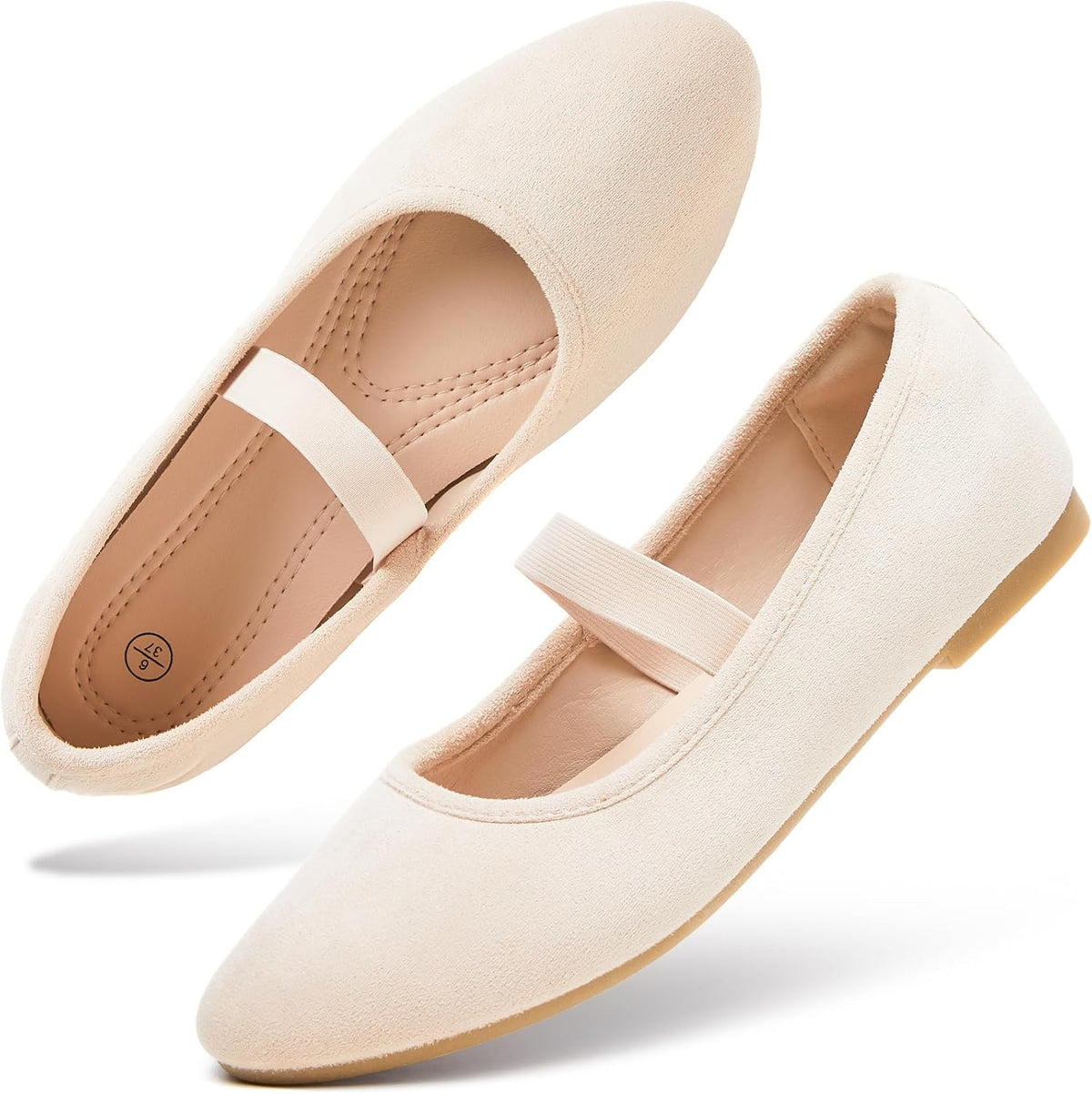 Women's Suede Mary Jane Flats - Memory Foam Dress Shoes with Elastic Straps for Work and Casual Wear - 6