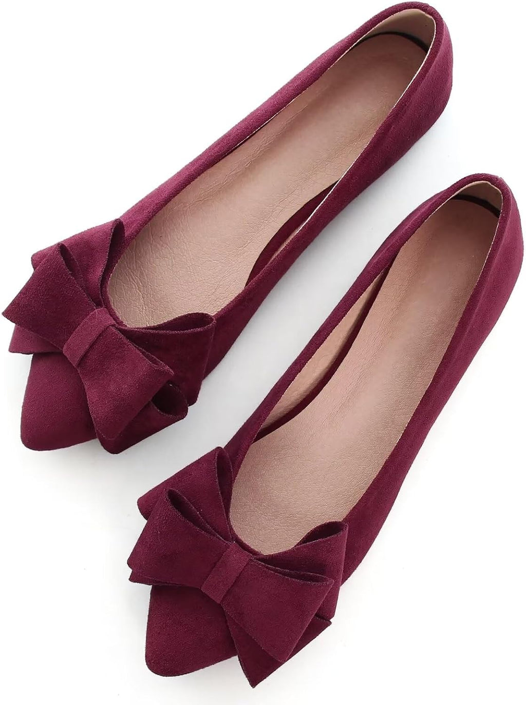 Women's Suede Bow Ballet Flats - Pointed Toe Slip On Moccasin Style Shoes for Work and Casual Wear - 8