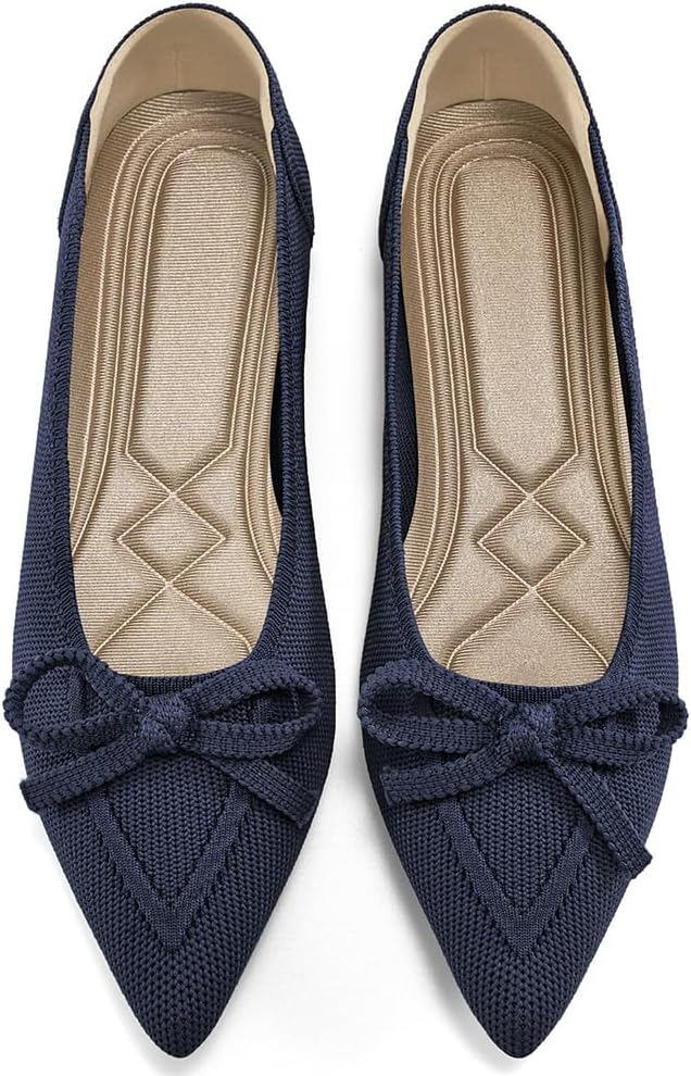 Women's Pointed Toe Bow Ballet Flats - Knit Slip On Shoes for Work, Business Casual and Dressy Evenings - 6