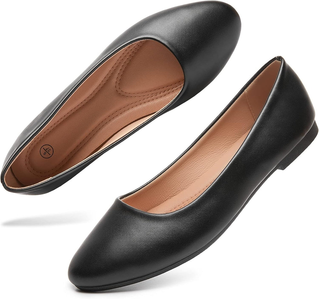 Women's Faux Leather Ballet Flats - Slip On Round Toe Dress Shoes for Office Days and Weekend Errands - 6