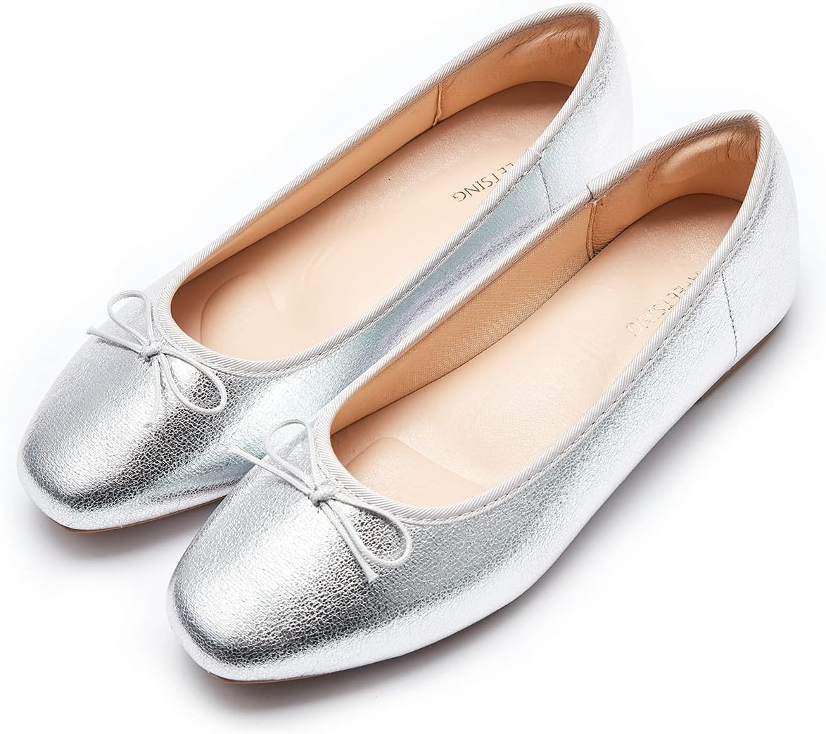 Women's Round Toe Ballet Flats with Bow - Dressy Slip On Shoes for Office, Weddings and Everyday Wear - 7