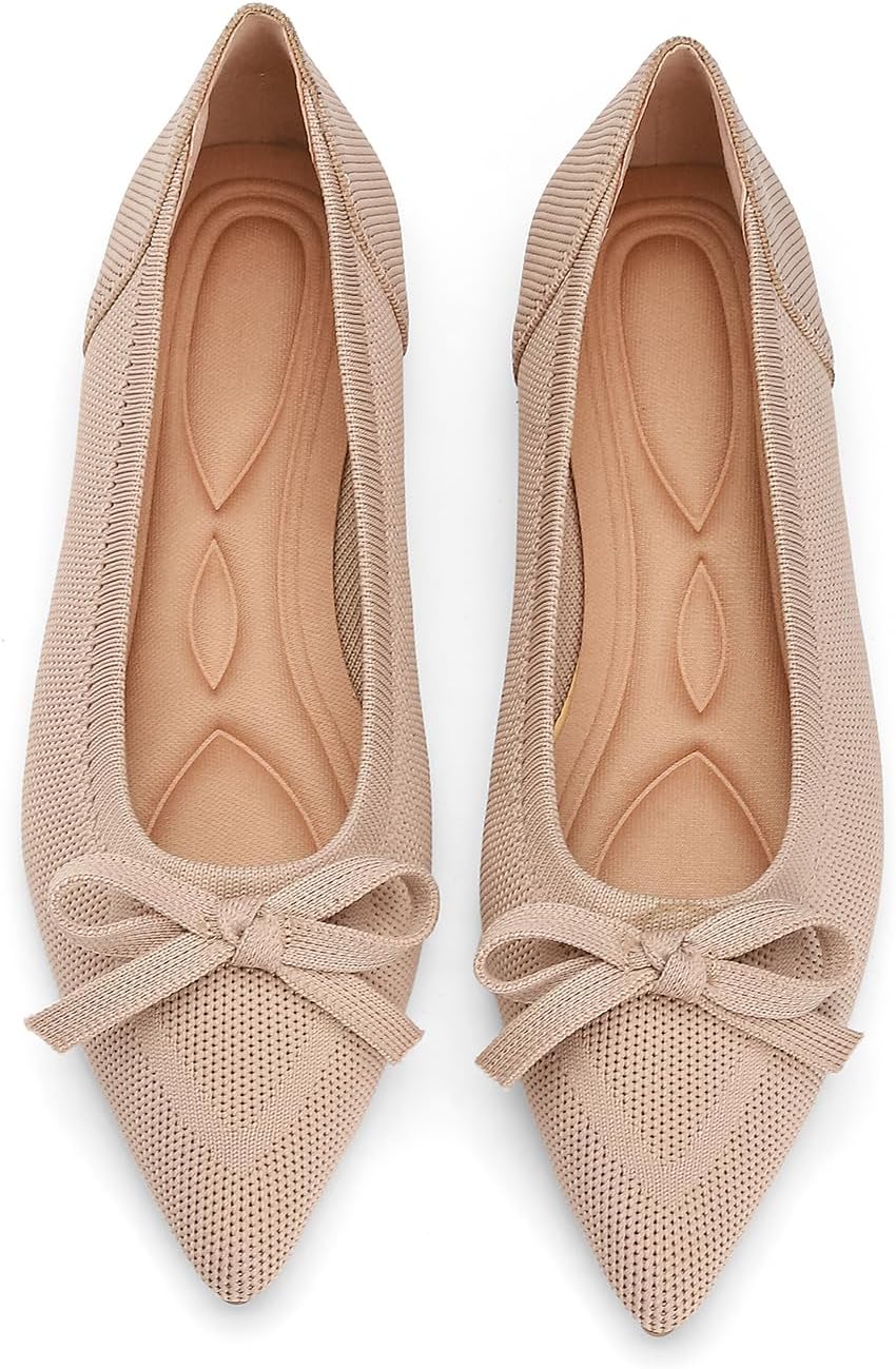 Women's Pointed Toe Knit Ballet Flats - Foldable Slip On Office Shoes with Built In Arch Support - 7