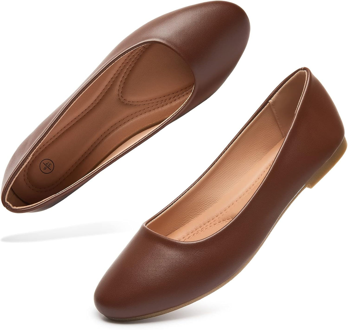 Women's Faux Leather Ballet Flats - Slip On Round Toe Dress Shoes for Office Days and Weekend Errands - 6