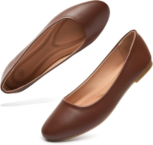 Women's Faux Leather Ballet Flats - Slip On Round Toe Dress Shoes for Office Days and Weekend Errands - 6