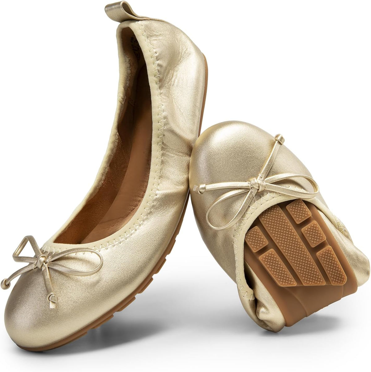 Women's Foldable Bowknot Ballet Flats - Lightweight Round Toe Slip On Dress Shoes for Travel and Long Days - 6 Wide