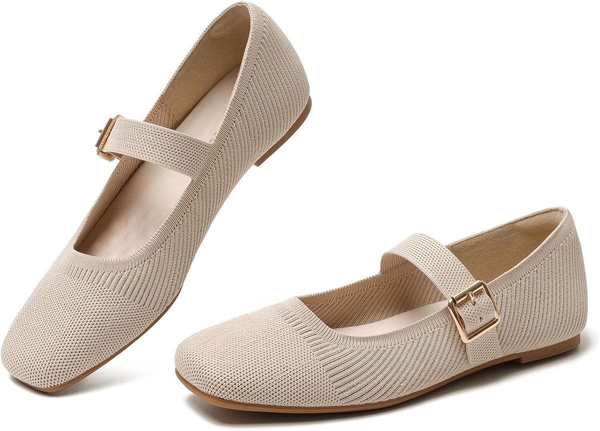 Women's Square Toe Knit Mary Jane Flats - Foldable Slip On Shoes with Adjustable Strap for Office Days - 6