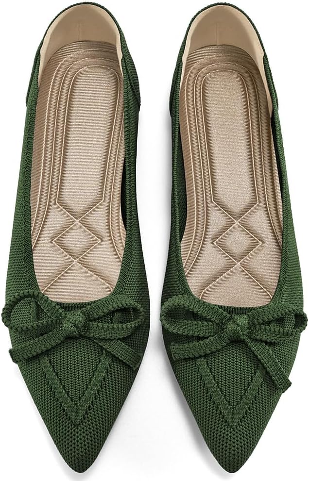 Women's Pointed Toe Bow Ballet Flats - Knit Slip On Shoes for Work, Business Casual and Dressy Evenings - 6