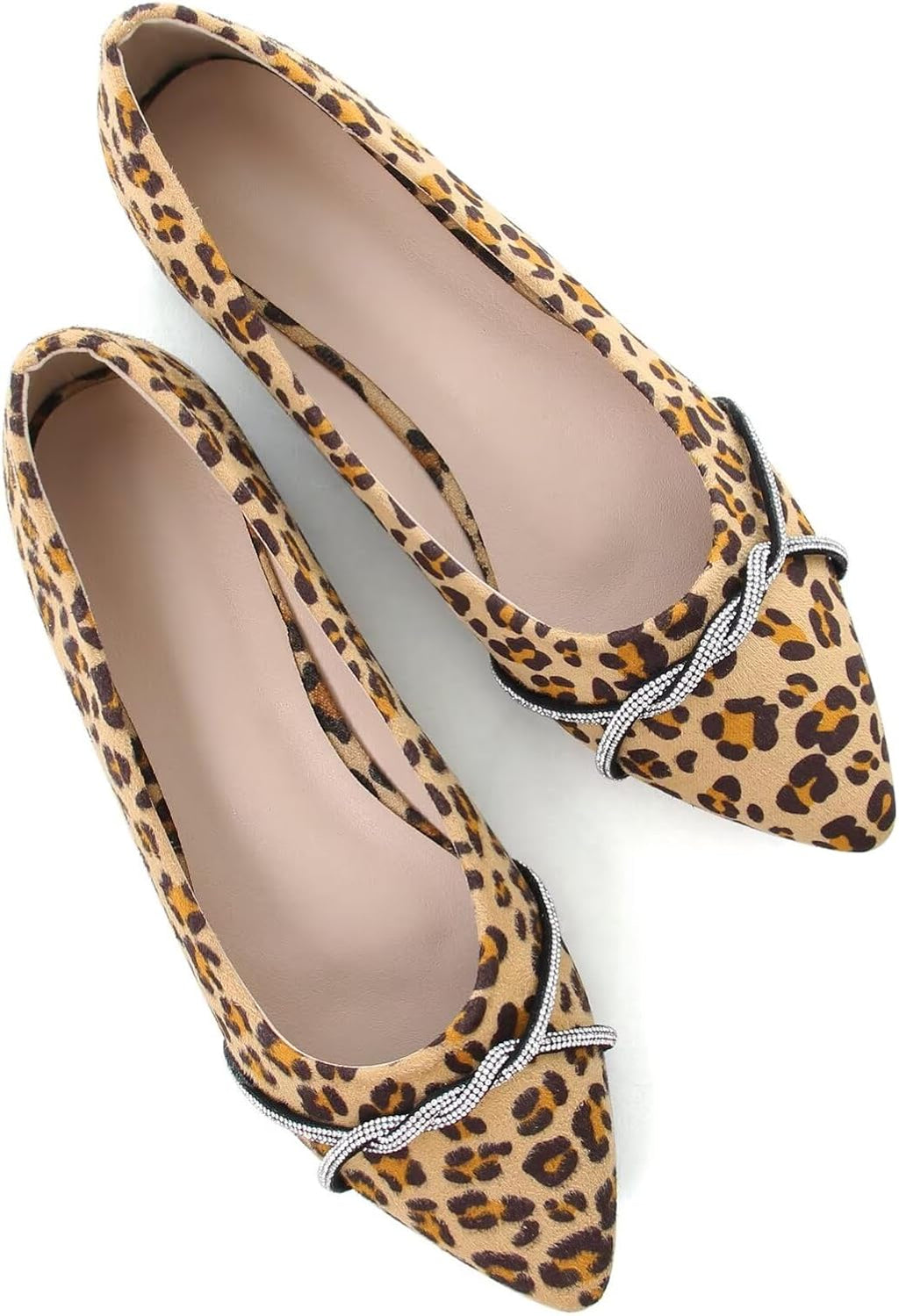 Women's Pointed Toe Ballet Flats with Chain and Rhinestone Trim - Slip On Dress Shoes for Office and Parties - 6 (14)