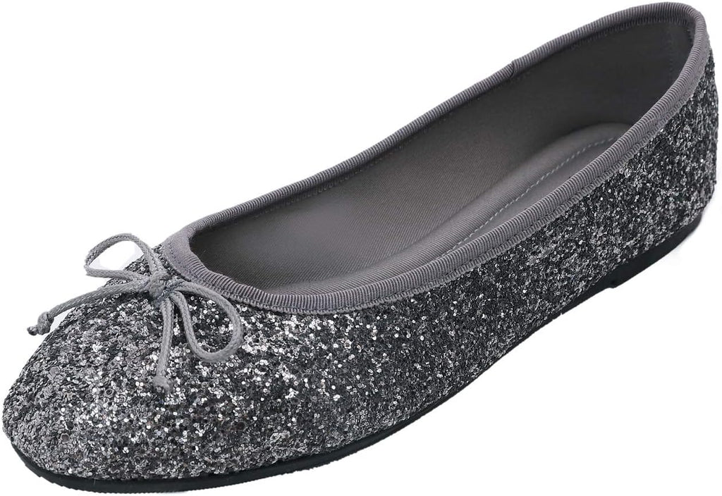 Women's Patent Ballet Flats - Memory Foam Cushioned Slip On Dress Shoes in Glitter and Solid Finishes - Glitter Lavender