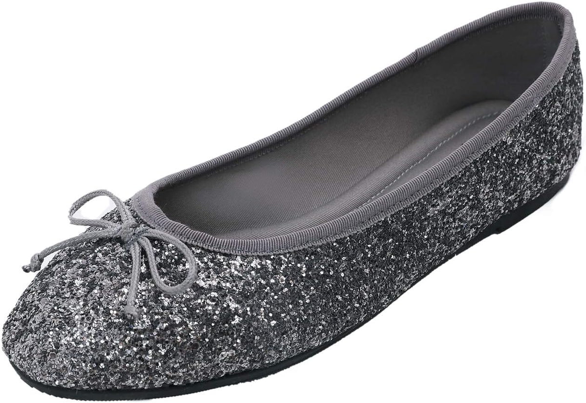 Women's Patent Ballet Flats - Memory Foam Cushioned Slip On Dress Shoes in Glitter and Solid Finishes - Glitter Lavender