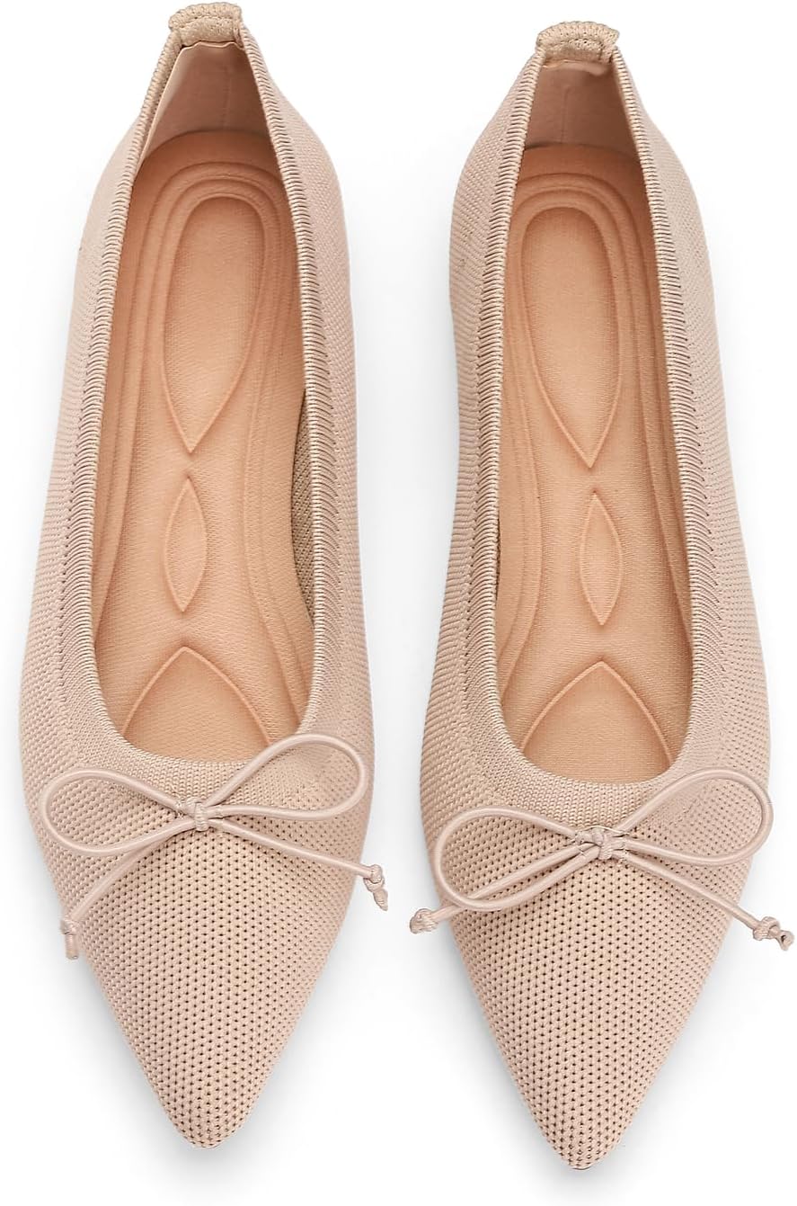 Women's Pointed Toe Knit Ballet Flats - Foldable Slip On Office Shoes with Built In Arch Support - 8