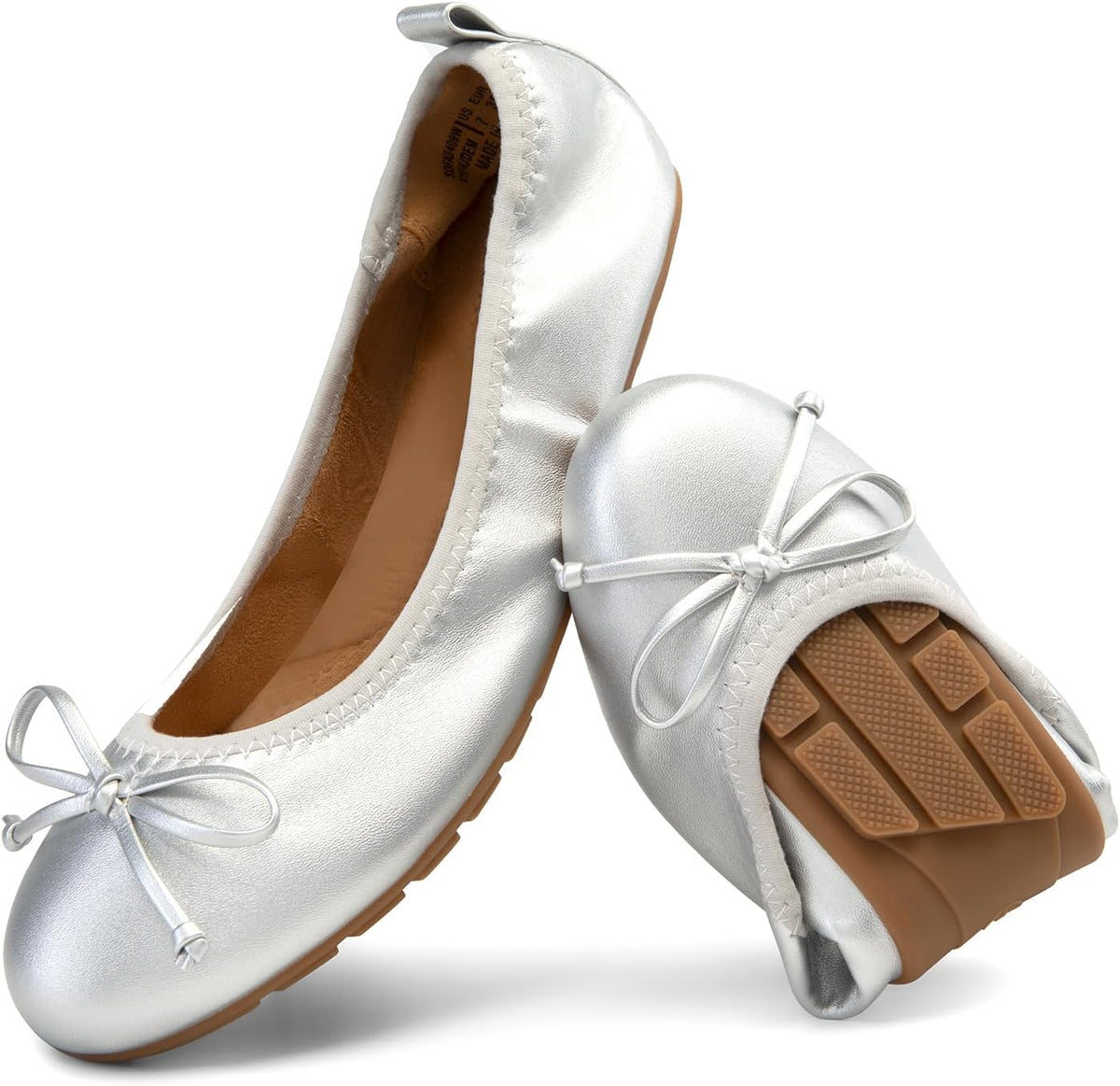 Women's Foldable Bowknot Ballet Flats - Lightweight Round Toe Slip On Dress Shoes for Travel and Long Days - 9 Wide
