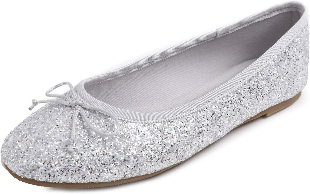 Women's Patent Ballet Flats - Memory Foam Cushioned Slip On Dress Shoes in Glitter and Solid Finishes - Glitter Multi Wh