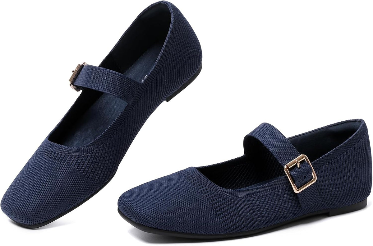 Women's Square Toe Knit Mary Jane Flats - Foldable Slip On Shoes with Adjustable Strap for Office Days - 6