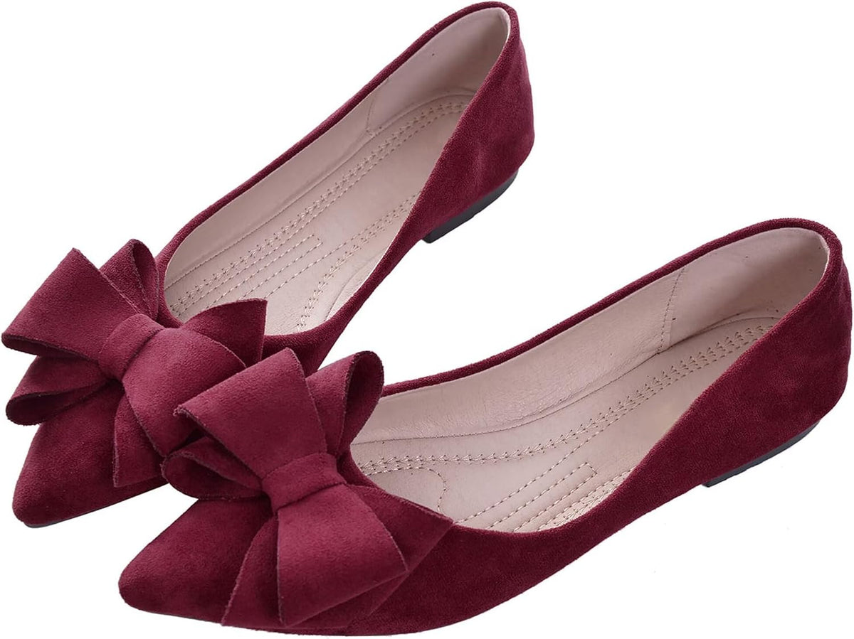 Women's Suede Bow Ballet Flats - Pointed Toe Slip On Moccasin Style Shoes for Work and Casual Wear - 10