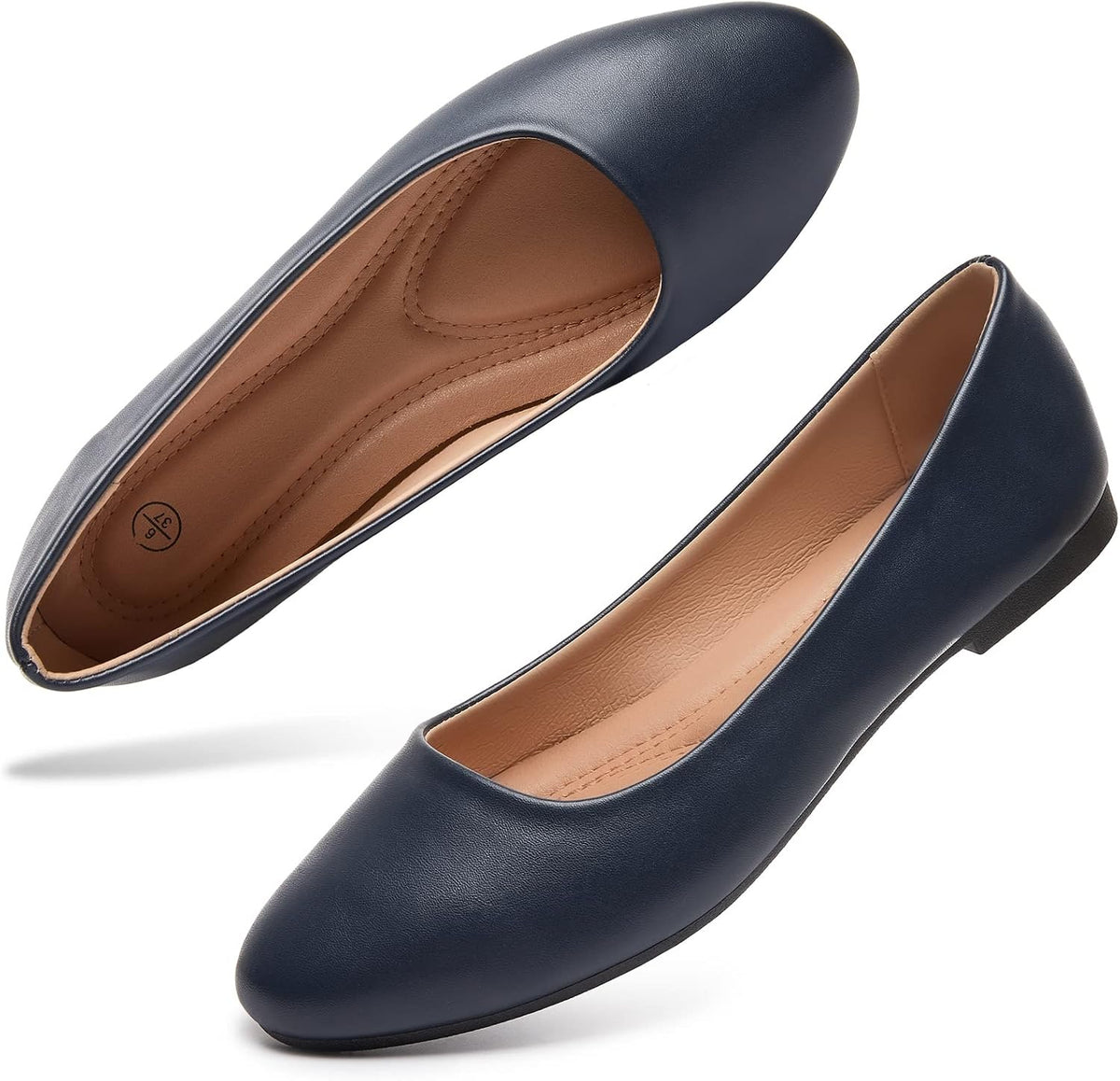 Women's Faux Leather Ballet Flats - Slip On Round Toe Dress Shoes for Office Days and Weekend Errands - 6