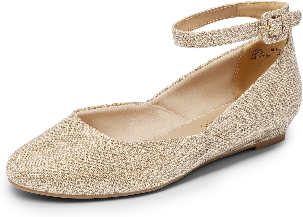 Women's Round Toe Ballet Flats with Low Wedge - Ankle Strap Dress Shoes for Office Days and Evenings - 10