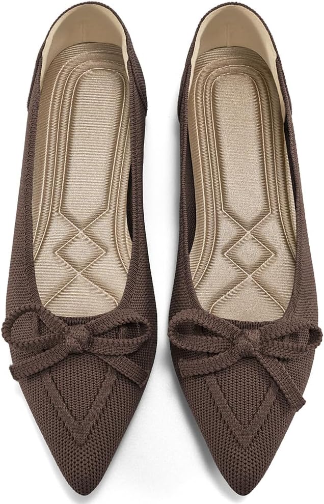 Women's Pointed Toe Bow Ballet Flats - Knit Slip On Shoes for Work, Business Casual and Dressy Evenings - 6