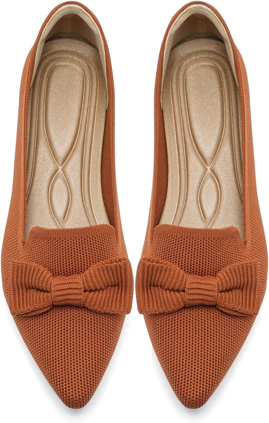 Women's Pointed Toe Knit Ballet Flats with Bow - Breathable Slip On Dress Shoes for Business and Office - 7