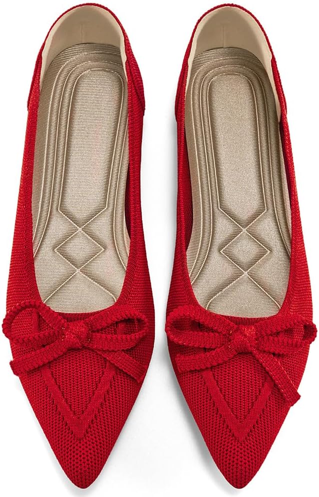 Women's Pointed Toe Bow Ballet Flats - Knit Slip On Shoes for Work, Business Casual and Dressy Evenings - 6