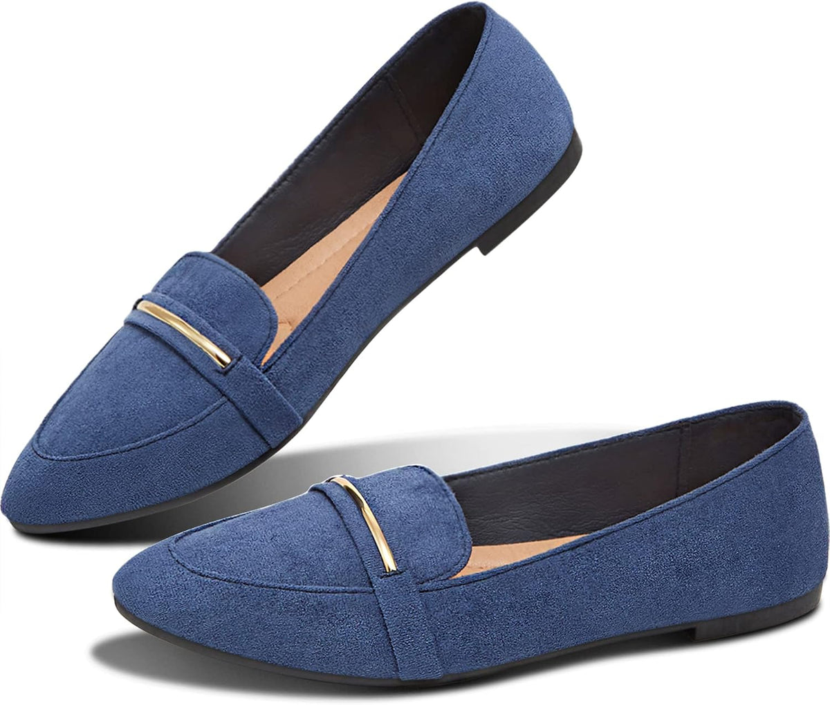 Women's Pointed Toe Penny Loafers - Faux Suede Flat Slip On Work Shoes for Office and Business Casual - 8