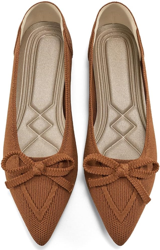 Women's Pointed Toe Bow Ballet Flats - Knit Slip On Shoes for Work, Business Casual and Dressy Evenings - 7