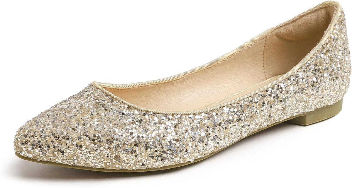 Women's Patent Ballet Flats - Memory Foam Cushioned Slip On Dress Shoes in Glitter and Solid Finishes - Glitter Multi Wh