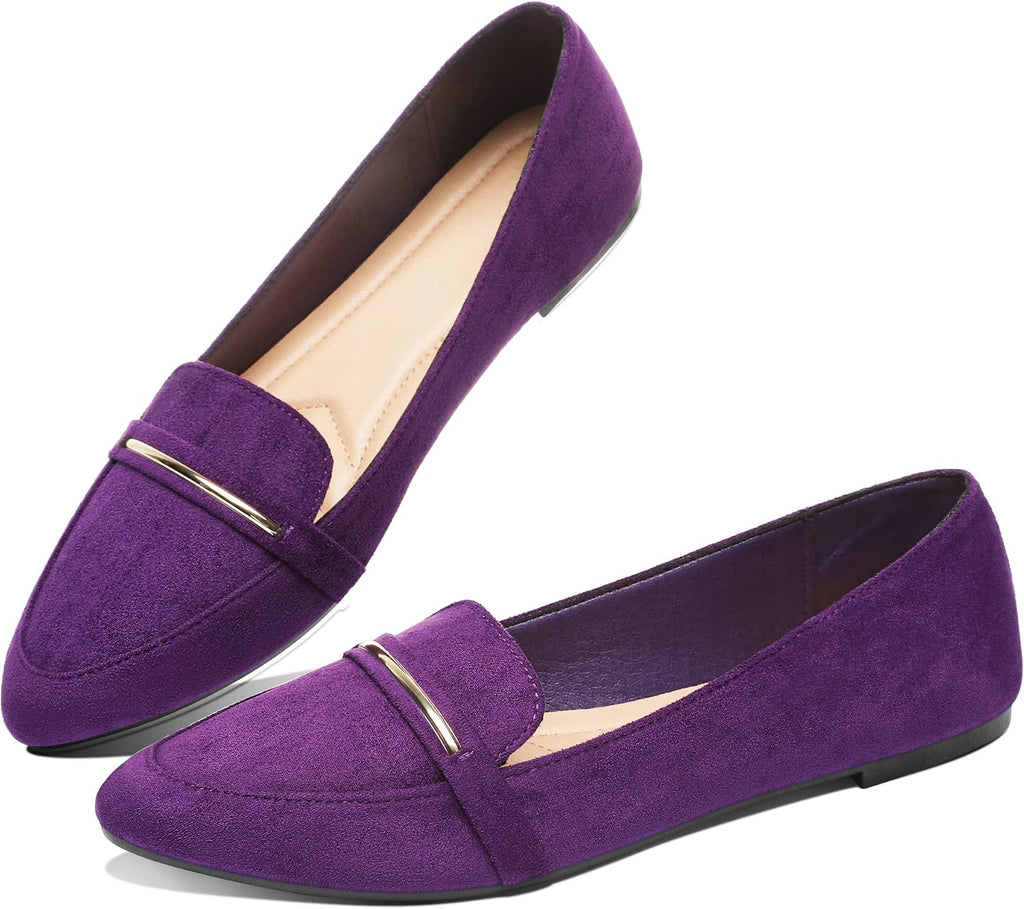 Women's Pointed Toe Penny Loafers - Faux Suede Flat Slip On Work Shoes for Office and Business Casual - 8