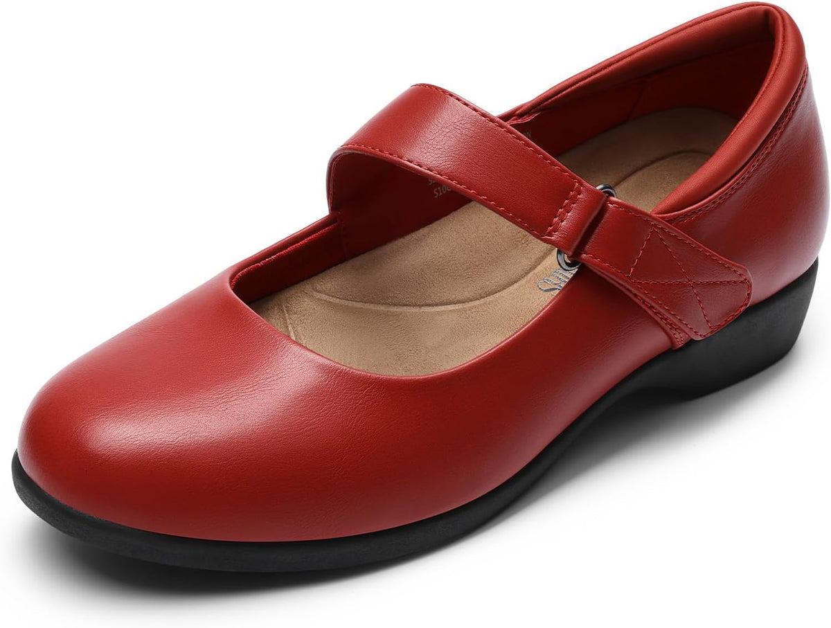 Women's Mary Jane Flats with Adjustable Ankle Strap - Memory Foam Insole Slip On Shoes for Work and School Runs - 6