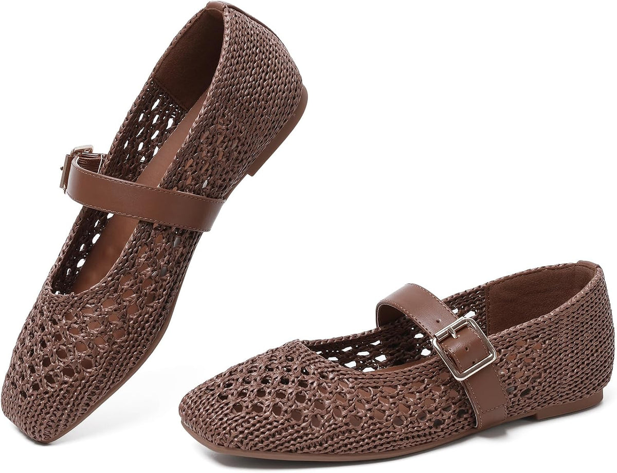 Women's Square Toe Knit Mary Jane Flats - Foldable Slip On Shoes with Adjustable Strap for Office Days - 7