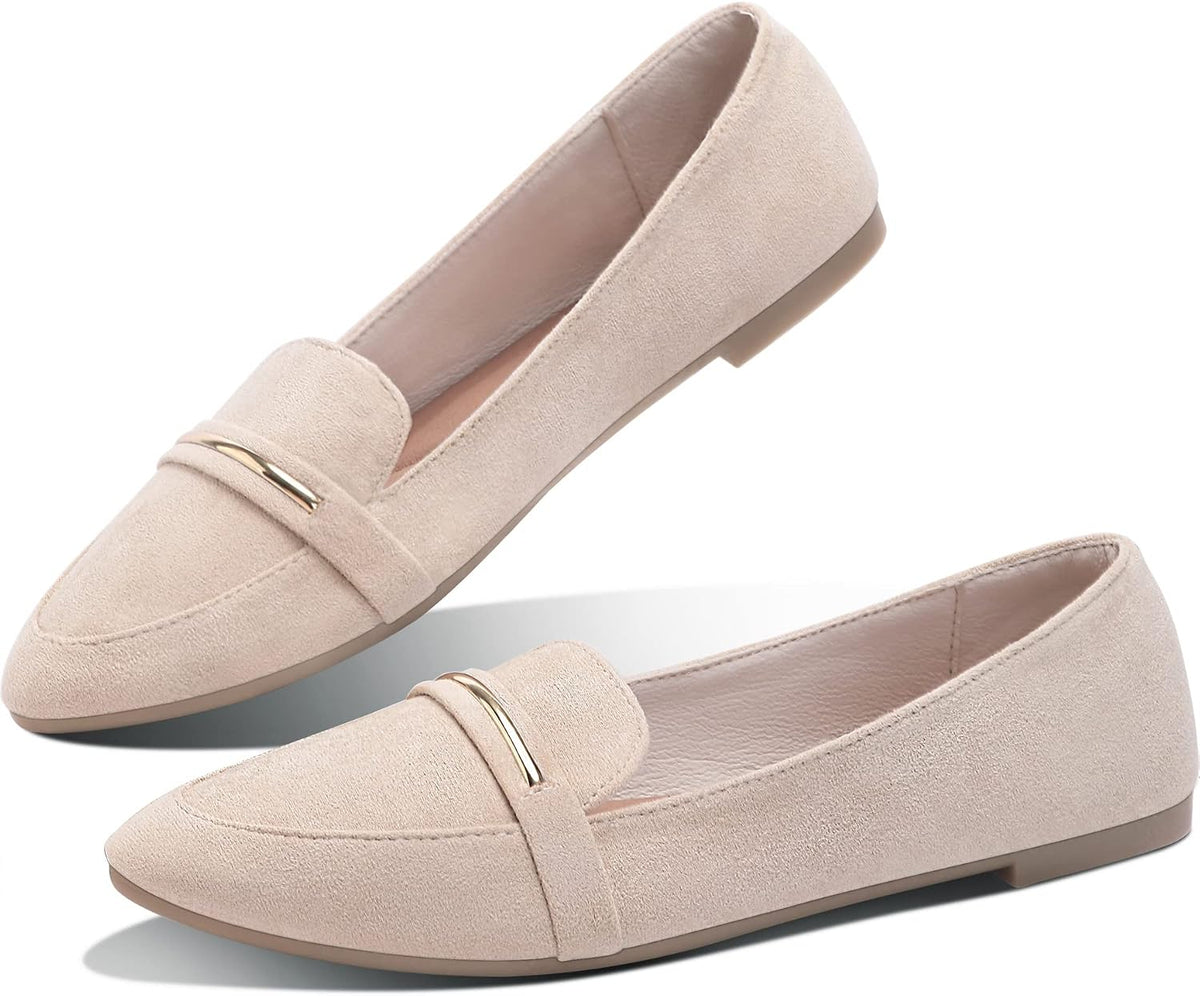 Women's Pointed Toe Penny Loafers - Faux Suede Flat Slip On Work Shoes for Office and Business Casual - 7