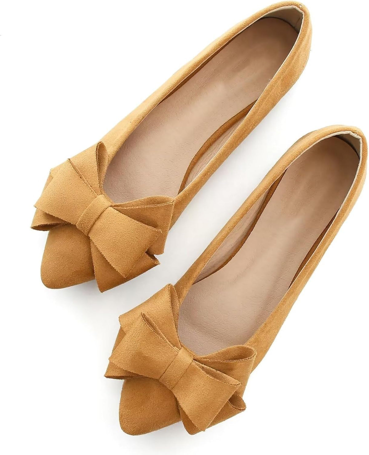 Women's Suede Bow Ballet Flats - Pointed Toe Slip On Moccasin Style Shoes for Work and Casual Wear