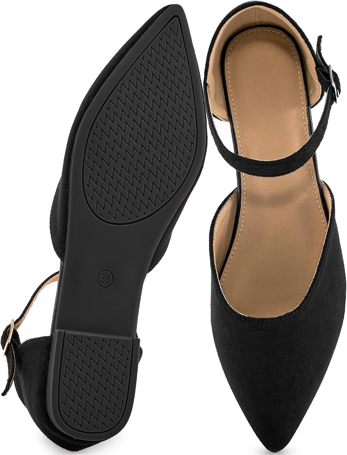Women's Pointed Toe Ballet Flats with Adjustable Ankle Straps - Cushioned Slip On Shoes for Business Casual - 6