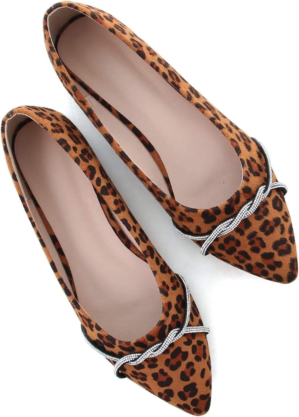 Women's Pointed Toe Ballet Flats with Chain and Rhinestone Trim - Slip On Dress Shoes for Office and Parties - 6