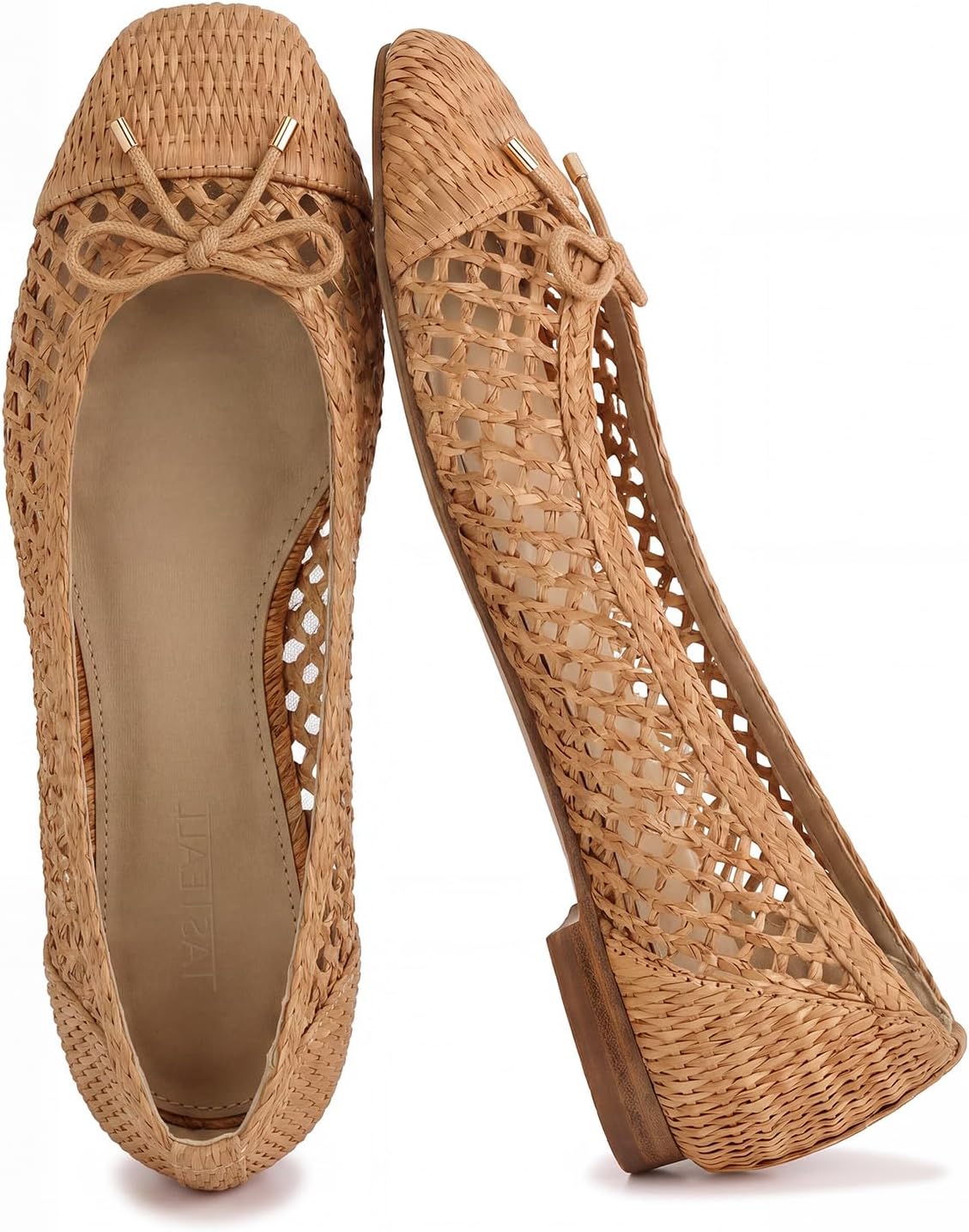 Women's Woven Raffia Ballet Flats - Square Toe Slip On Dress Shoes with Bow for Summer and Holiday Wear - 6