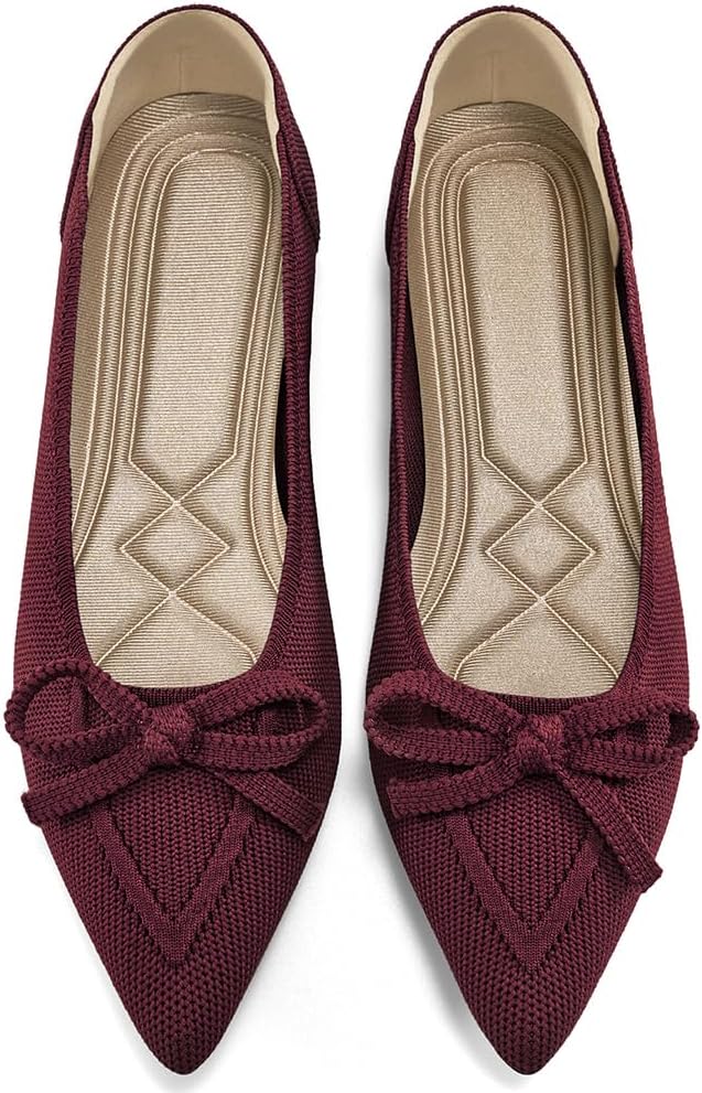 Women's Pointed Toe Bow Ballet Flats - Knit Slip On Shoes for Work, Business Casual and Dressy Evenings - 6