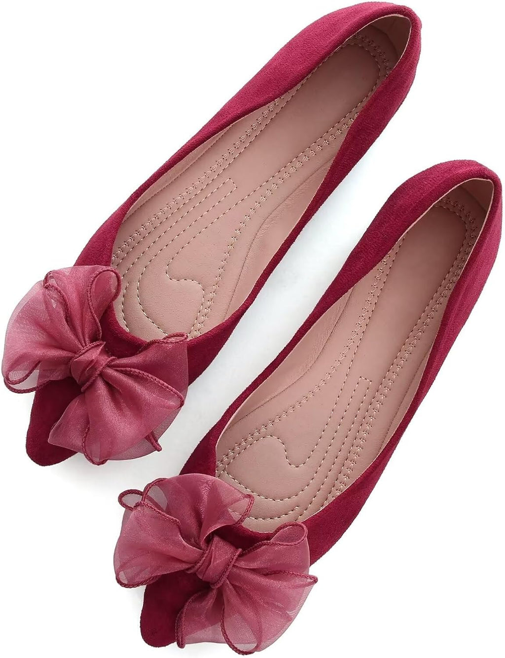 Women's Suede Bow Ballet Flats - Pointed Toe Slip On Moccasin Style Shoes for Work and Casual Wear - 9